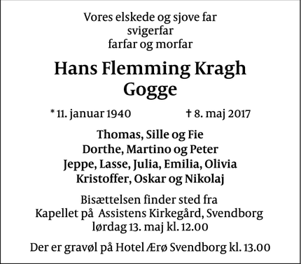 Dødsannoncen for Hans Flemming Kragh
Gogge - Svendborg