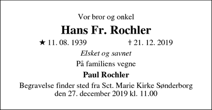 Dødsannoncen for Hans Fr. Rochler - Haderslev