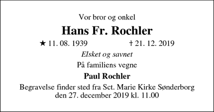 Dødsannoncen for Hans Fr. Rochler - Haderslev
