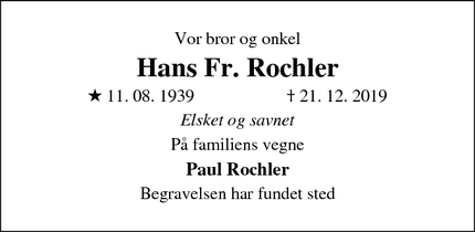 Dødsannoncen for Hans Fr. Rochler - Haderslev
