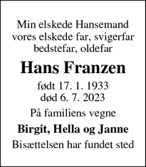 Dødsannoncen for Hans Franzen - Gråsten 
