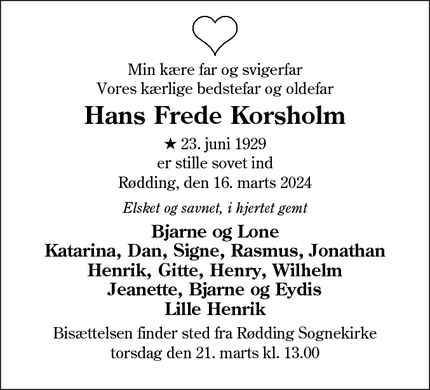 Dødsannoncen for Hans Frede Korsholm - Rødding