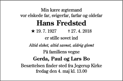 Dødsannoncen for Hans Fredsted - Horsens