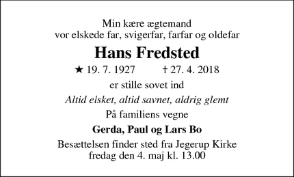 Dødsannoncen for Hans Fredsted - Horsens