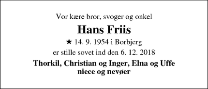 Dødsannoncen for Hans Friis - Jelling