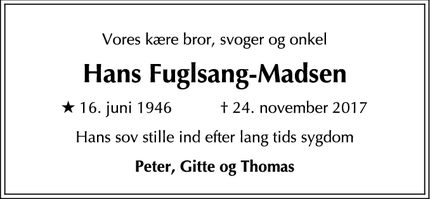 Dødsannoncen for Hans Fuglsang-Madsen - København