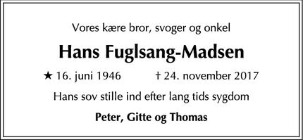 Dødsannoncen for Hans Fuglsang-Madsen - København