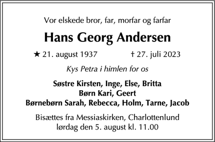 Dødsannoncen for Hans Georg Andersen - København