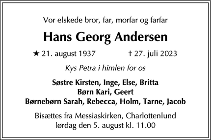 Dødsannoncen for Hans Georg Andersen - København