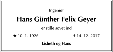 Dødsannoncen for Hans Günther Felix Geyer - Virum