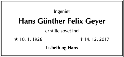 Dødsannoncen for Hans Günther Felix Geyer - Virum