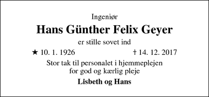 Dødsannoncen for Hans Günther Felix Geyer - Virum