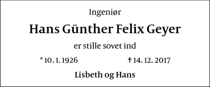 Dødsannoncen for Hans Günther Felix Geyer - Virum