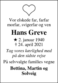 Dødsannoncen for Hans Greve - Odense C