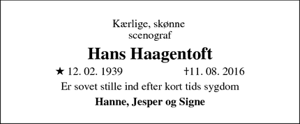 Dødsannoncen for Hans Haagentoft - Aarhus