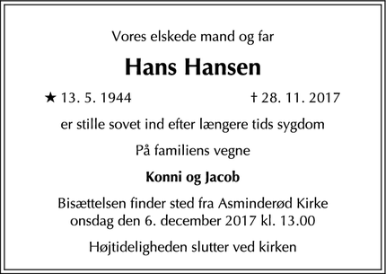 Dødsannoncen for Hans Hansen - Fredensborg