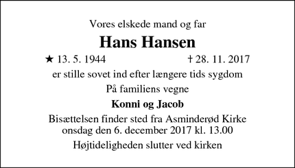 Dødsannoncen for Hans Hansen - Fredensborg