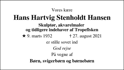 Dødsannoncen for Hans Hartvig Stenholdt Hansen - Skanderborg