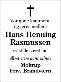 Dødsannoncen for Hans Henning
Rasmussen - Moltrup