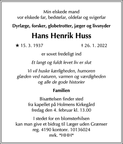 Dødsannoncen for Hans Henrik Huss - København Ø
