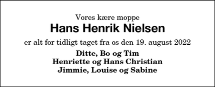 Dødsannoncen for Hans Henrik Nielsen - 4850 Støbbekøbing