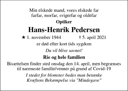 Dødsannoncen for Hans-Henrik Pedersen - Farum