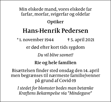 Dødsannoncen for Hans-Henrik Pedersen - Farum