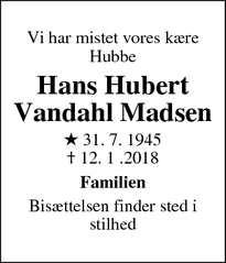 Dødsannoncen for Hans Hubert Vandahl Madsen - Nexø