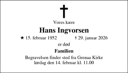 Dødsannoncen for Hans Ingvorsen - Grenaa