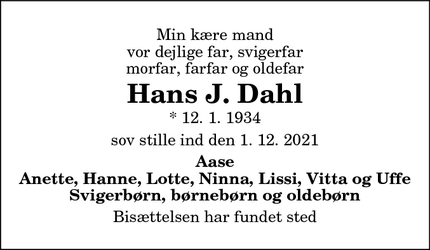 Dødsannoncen for Hans J. Dahl - Sjørring