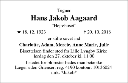 Dødsannoncen for Hans Jakob Aagaard - Ølsted