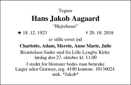 Dødsannoncen for Hans Jakob Aagaard - Ølsted