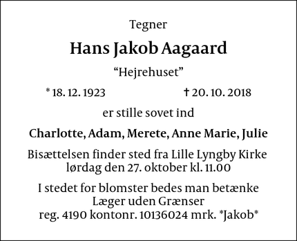 Dødsannoncen for Hans Jakob Aagaard - Ølsted