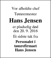 Dødsannoncen for Hans Jensen - Struer