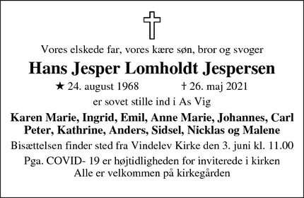 Dødsannoncen for Hans Jesper Lomholdt Jespersen - Lund