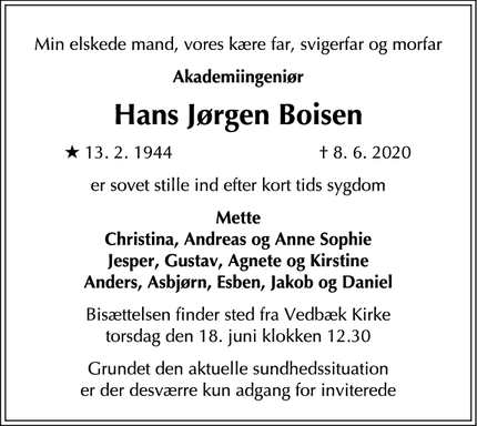 Dødsannoncen for Hans Jørgen Boisen - Vedbæk