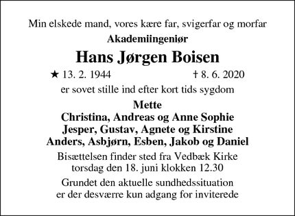 Dødsannoncen for Hans Jørgen Boisen - Vedbæk