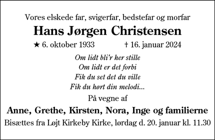 Dødsannoncen for Hans Jørgen Christensen - Løjt Kirkeby, Aabenraa