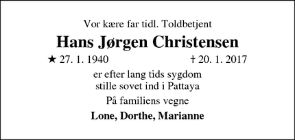 Dødsannoncen for Hans Jørgen Christensen - Sønderborg