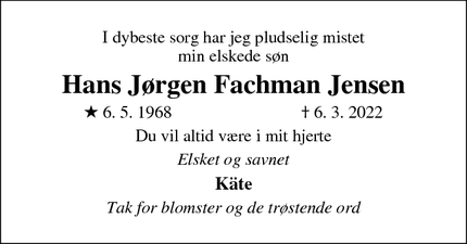 Dødsannoncen for Hans Jørgen Fachman Jensen - Stege