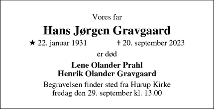 Dødsannoncen for Hans Jørgen Gravgaard - Hurup Thy