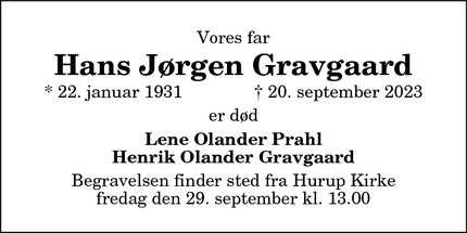 Dødsannoncen for Hans Jørgen Gravgaard - Hurup Thy