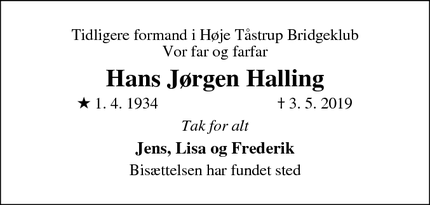 Dødsannoncen for Hans Jørgen Halling - Tåstrup