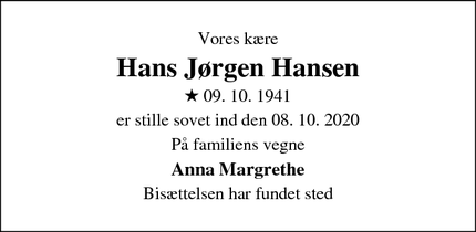 Dødsannoncen for Hans Jørgen Hansen - Farum
