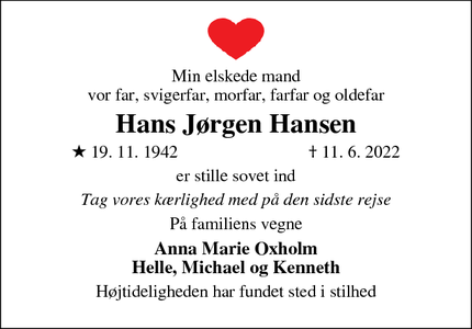Dødsannoncen for Hans Jørgen Hansen - Fredericia