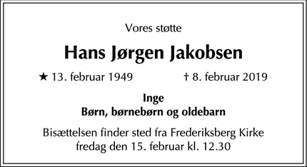 Dødsannoncen for Hans Jørgen Jakobsen - Frederiksberg
