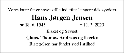 Dødsannoncen for Hans Jørgen Jensen - Hundested