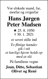 Dødsannoncen for Hans Jørgen
Peter Madsen - Slagslunde