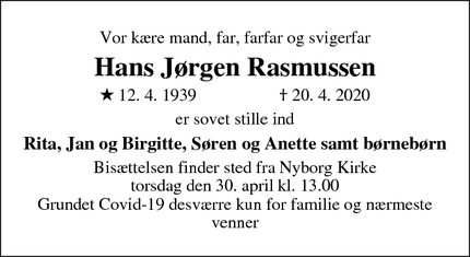 Dødsannoncen for Hans Jørgen Rasmussen - Nyborg