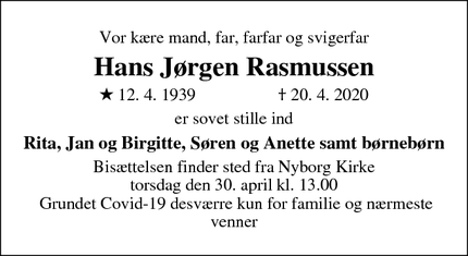 Dødsannoncen for Hans Jørgen Rasmussen - Nyborg